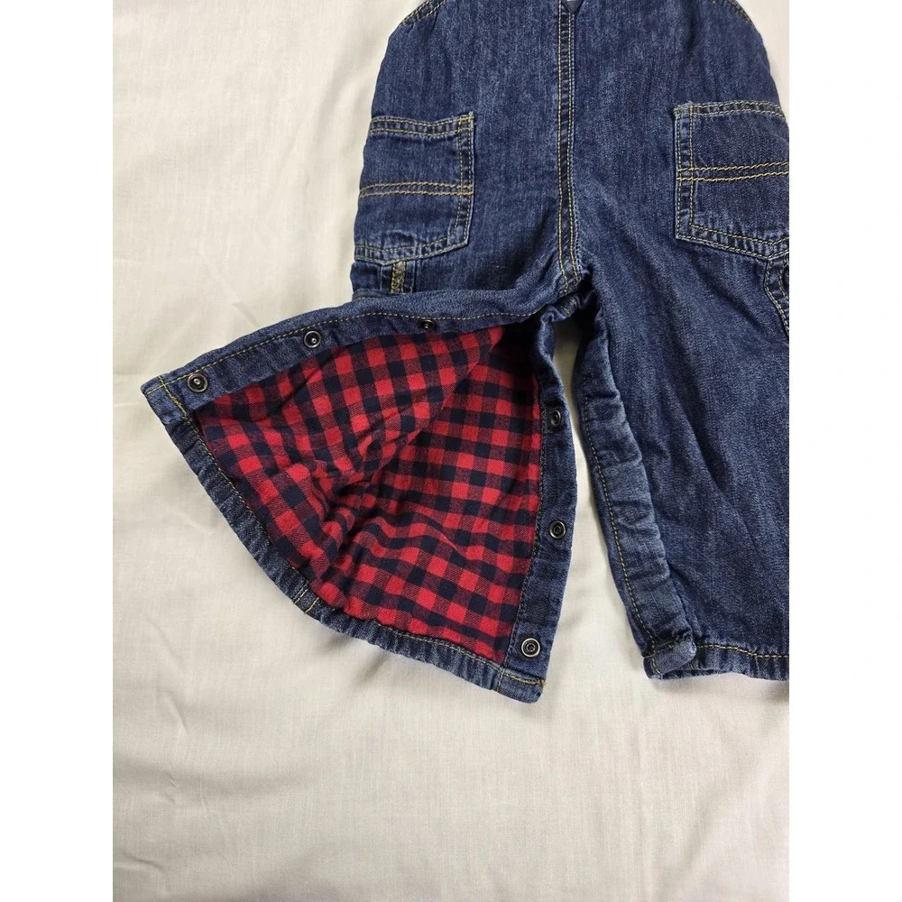 OshKosh B'gosh Overalls Baby Boys 9M‎ Blue Denim Vestbak Lined Plaid Snaps